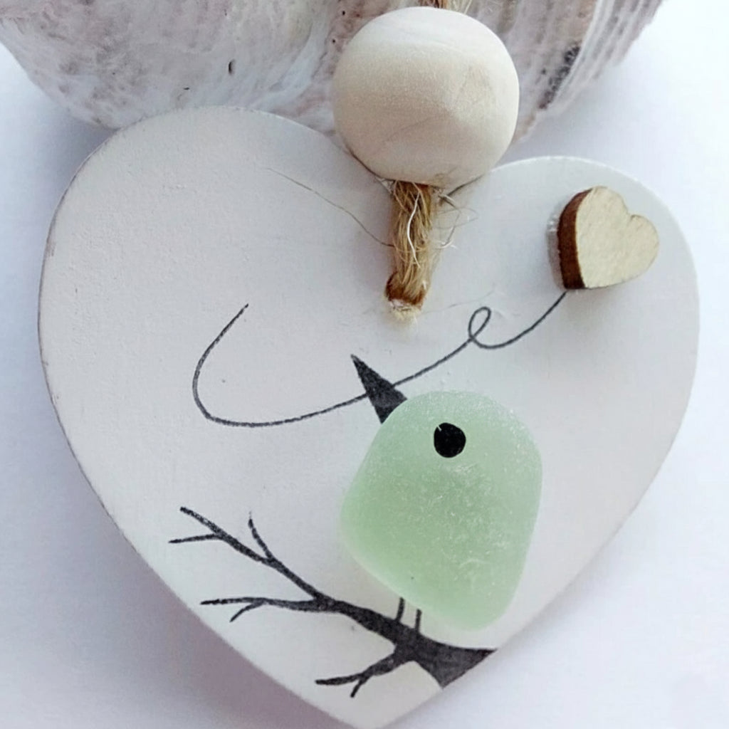 Sea Glass Robin Heart Decoration