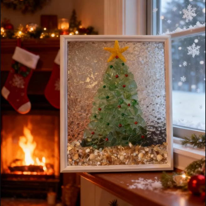 🎄Handcrafted Sea Glass Christmas Tree Art– Coastal Charm with Luxe Beachy Festive Flair🎄
