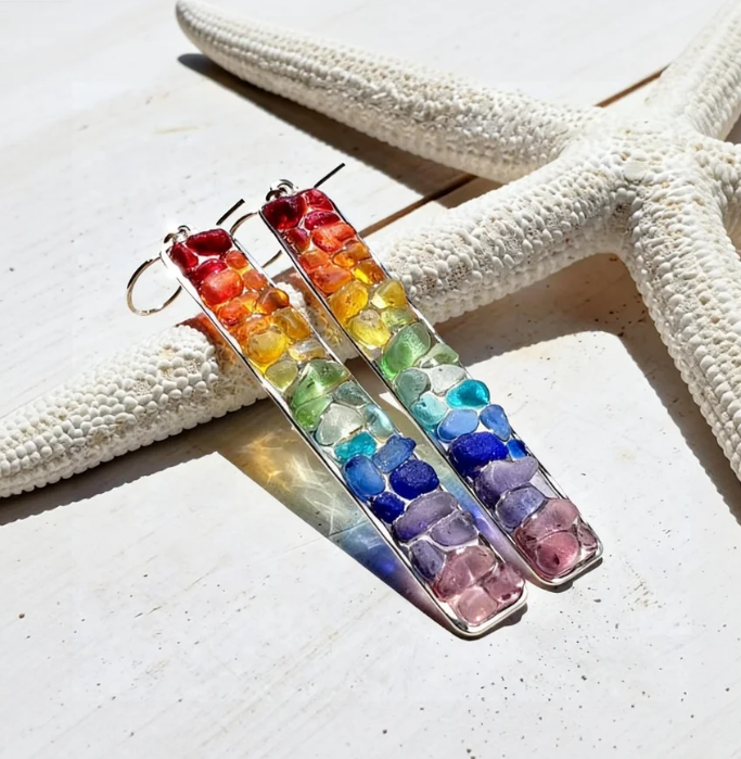 🌈 Sea-Tumbled Rainbow Bling——Hand-Calibrated🏖️One-of-a-Kind Coastal Earrings