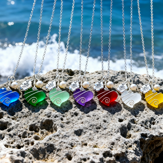💖Handcrafted Heart Sea Glass Necklace – 💎Sterling Silver Flower Charm  Freshwater Pearl🌈