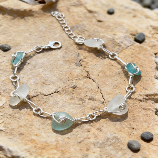 Handmade Sea Glass Bracelet: Silver Wire Wrapped Beach Jewelry
