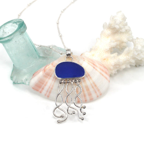 Cobalt Sea Glass Jellyfish Necklace