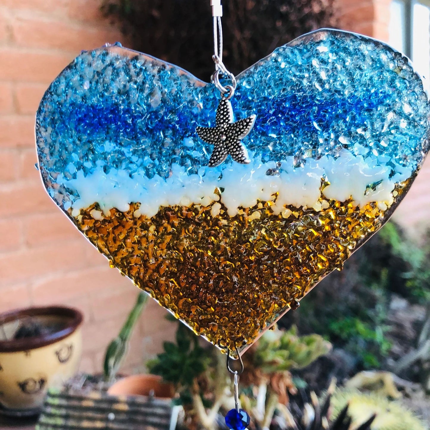 Ocean-Heart-Beach Suncatcher-Turquoise-Starfish-Seashells-Glass-Prism