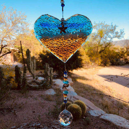 Ocean-Heart-Beach Suncatcher-Turquoise-Starfish-Seashells-Glass-Prism