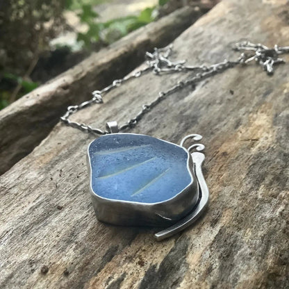 Blue sea glass butterfly pendant